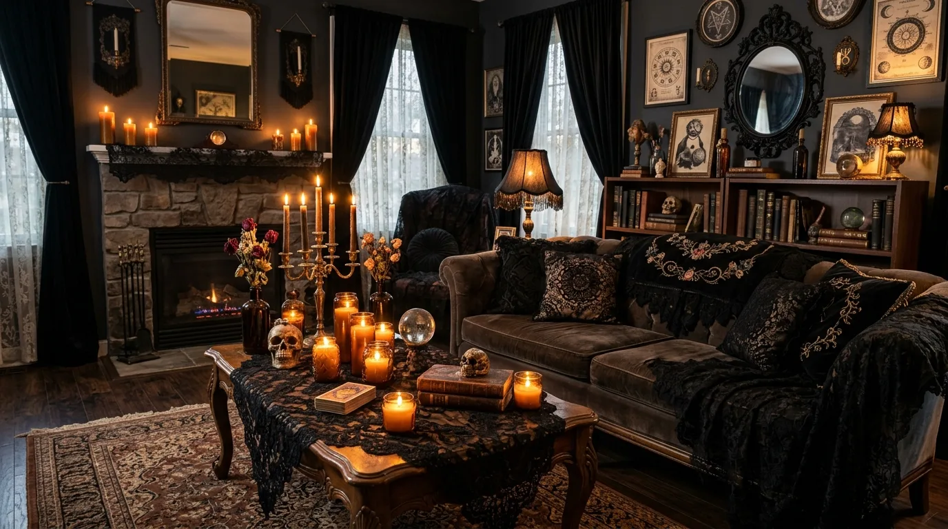 Dark romantic living room with black lace textiles, amber glass candles, and occult decor.