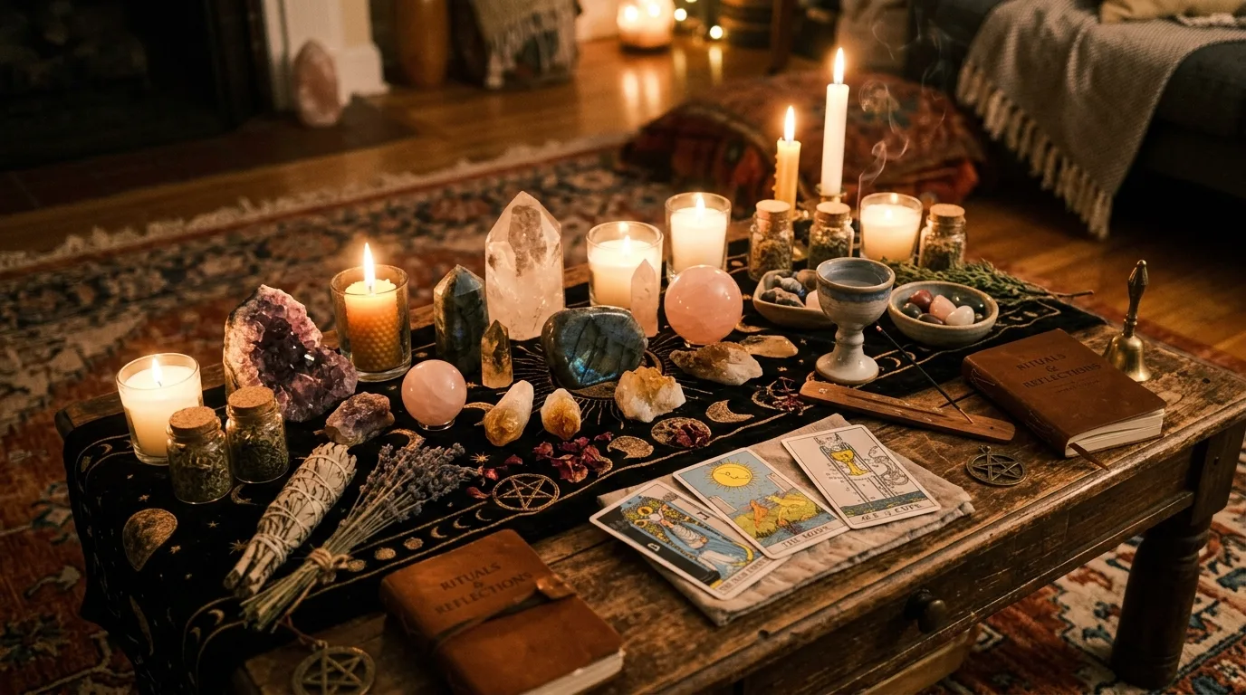 Mystical altar-style coffee table with crystals, herbs, and symbolic objects.
