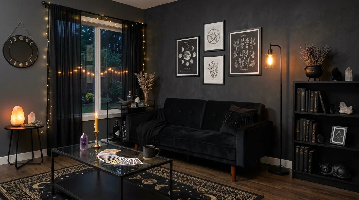 Modern witchy living room with minimalist black furniture and subtle occult accents.