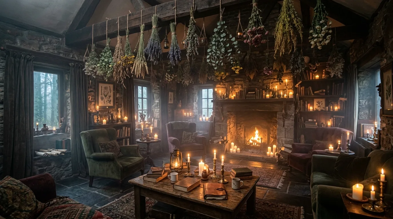 Moody enchanted living room with hanging dried plants and glowing candles.