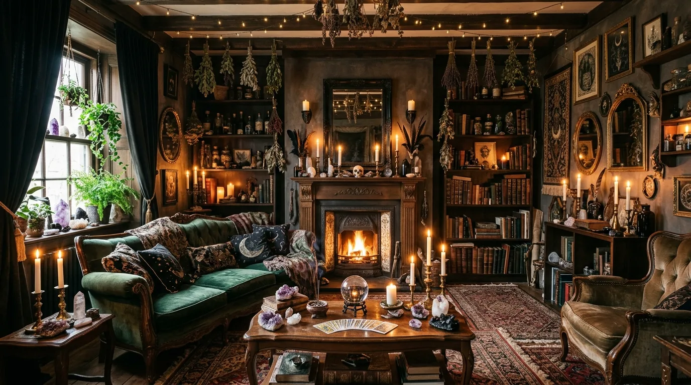 Witchy aesthetic living room filled with layered gothic decor, candles, crystals, and dark textures.