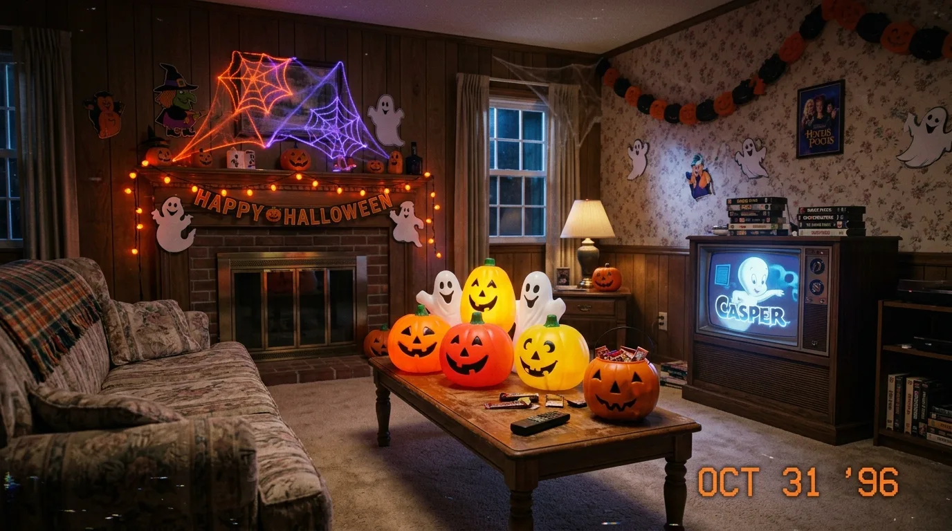 Nostalgic 90s Halloween living room with inflatable pumpkins and neon cobwebs.