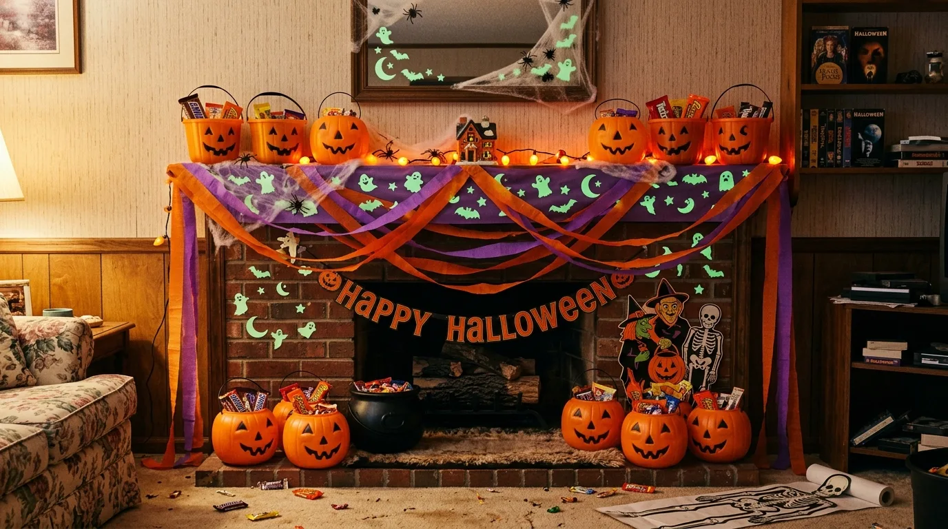 90s-style Halloween setup with plastic jack-o'-lantern buckets and glow-in-the-dark stickers.