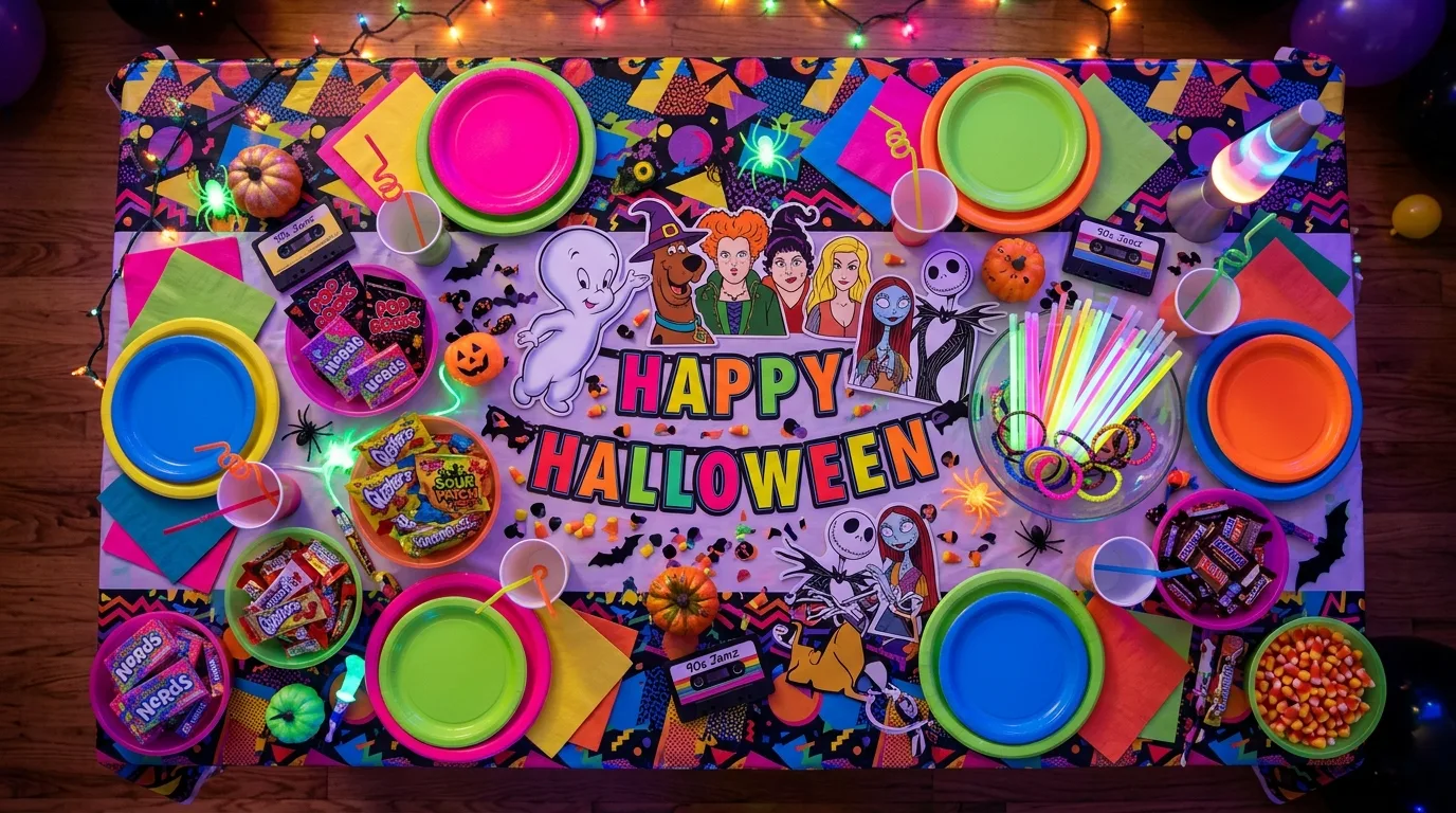90s themed Halloween party table with neon plates, candy bowls, and glow sticks.