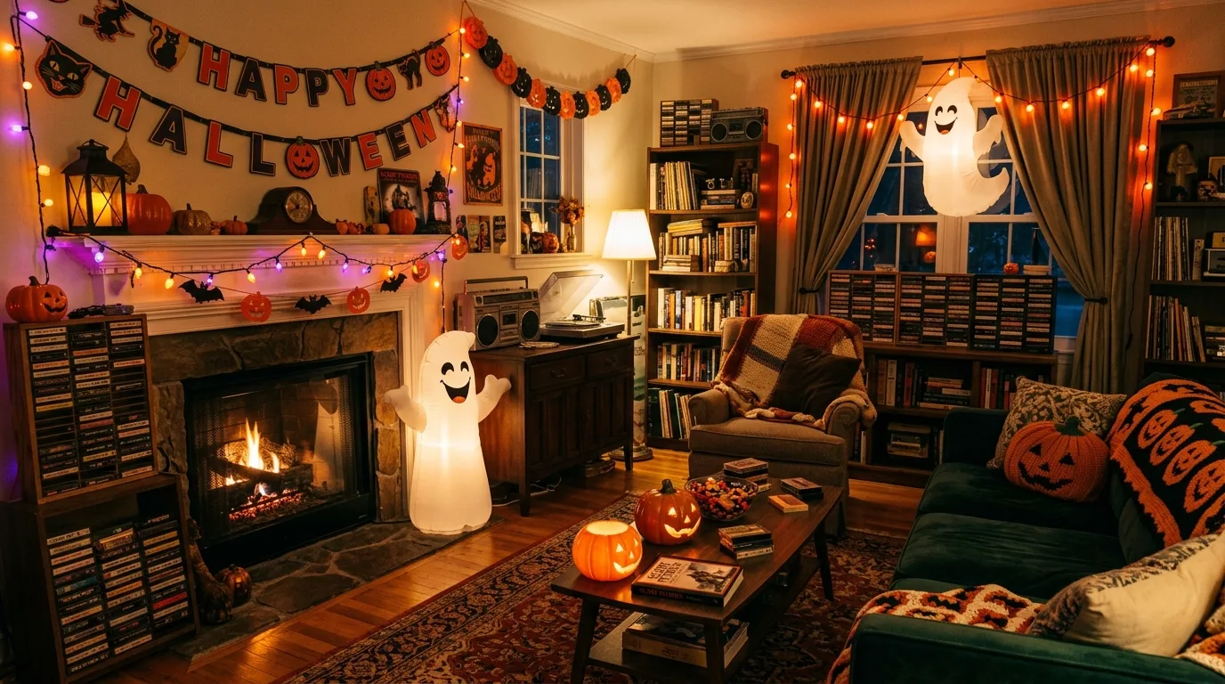 Cozy living room with cassette tapes, retro Halloween banners, and inflatable ghost decorations.