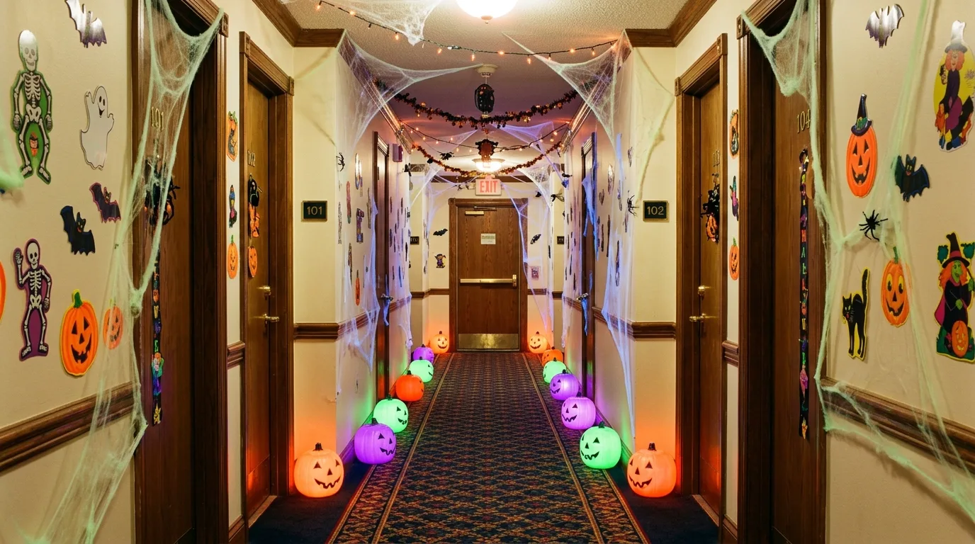 Hallway decorated with glow-in-the-dark spider webs, neon pumpkins, and colorful paper cutouts.