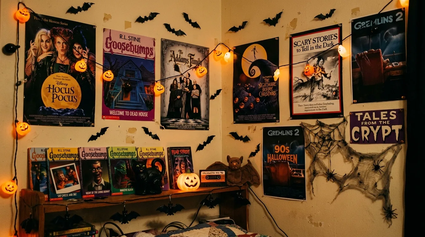 Nostalgic bedroom corner with 90s Halloween posters, plastic bats, and string lights.