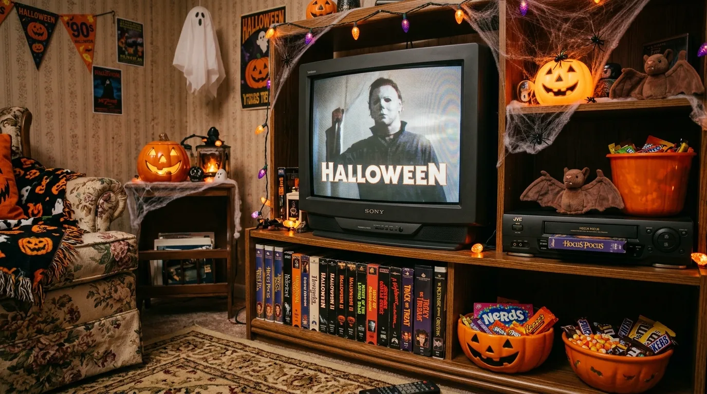 Vintage 90s TV corner showing retro Halloween VHS tapes with themed decorations.