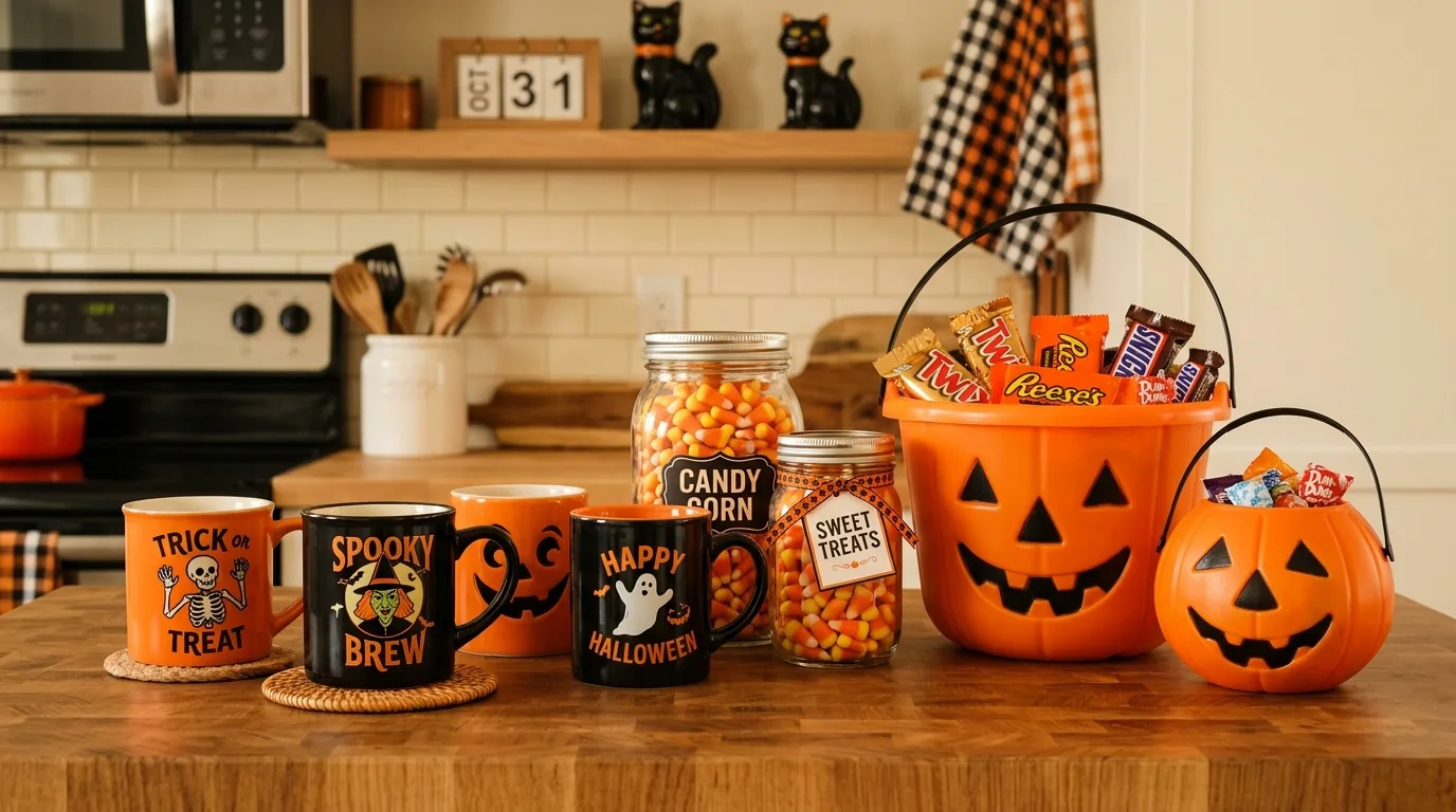 Kitchen counter decorated with retro Halloween mugs, candy corn jars, and plastic pumpkin containers.