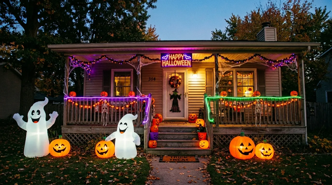 90s Halloween porch setup with inflatable pumpkins, neon lights, and cartoon ghost inflatables.