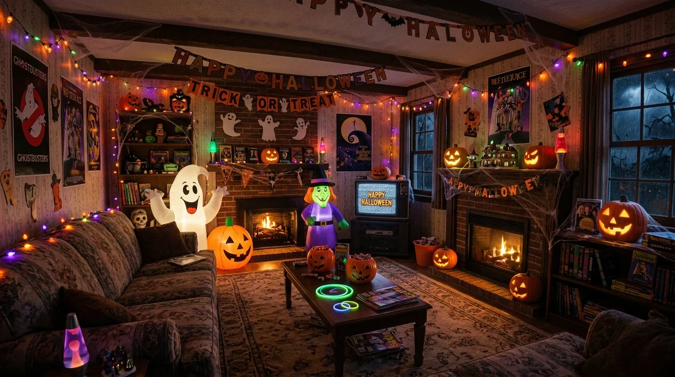 Nostalgic 90s Halloween living room filled with colorful inflatable decor and retro spooky elements.