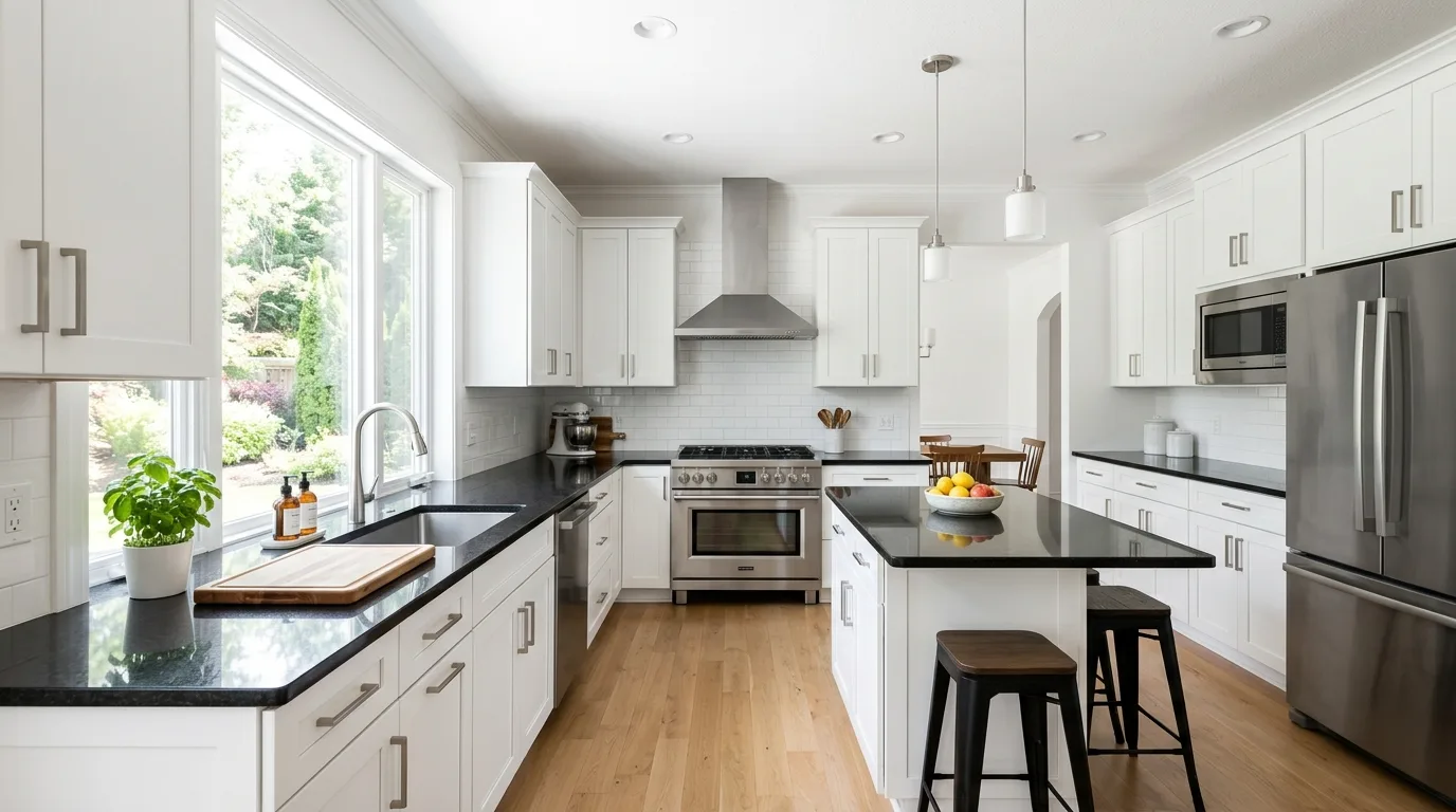 Kitchen with black granite countertops paired with crisp white cabinets.