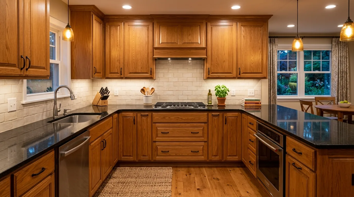 Kitchen with black granite countertops and warm wooden cabinets.