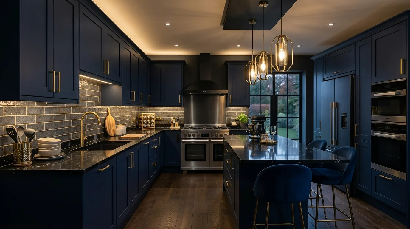 Kitchen with black granite countertops and deep navy cabinetry.