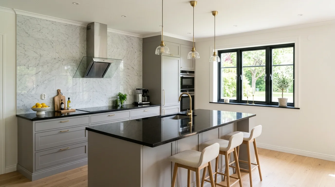 Bright kitchen with black granite countertops and soft gray cabinets.