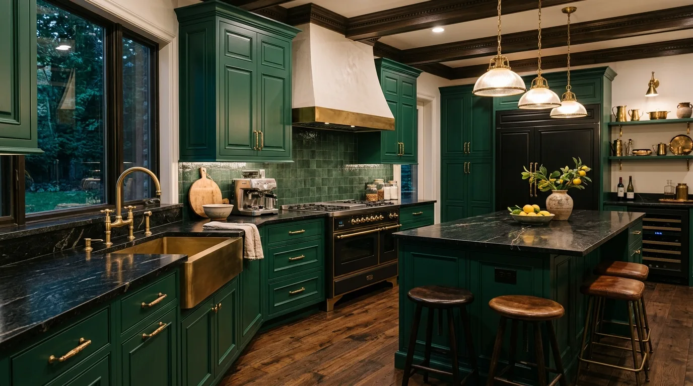 Luxury kitchen with black granite countertops and emerald green cabinets.