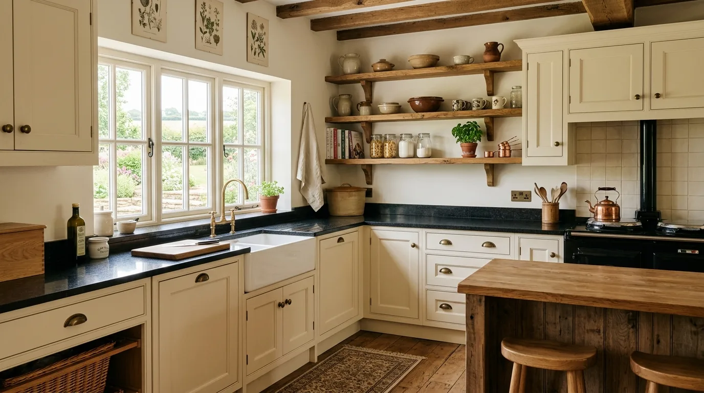 Farmhouse kitchen with black granite countertops and cream-colored cabinets.