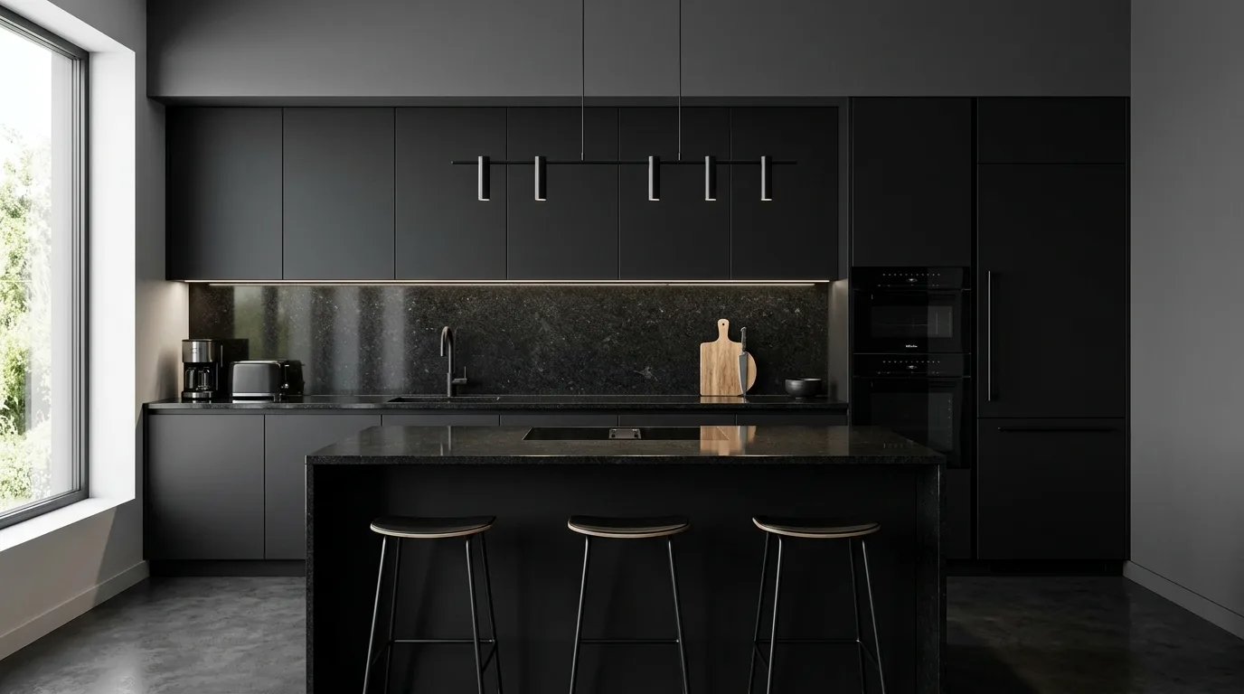 Kitchen with black granite countertops and matte black cabinets.