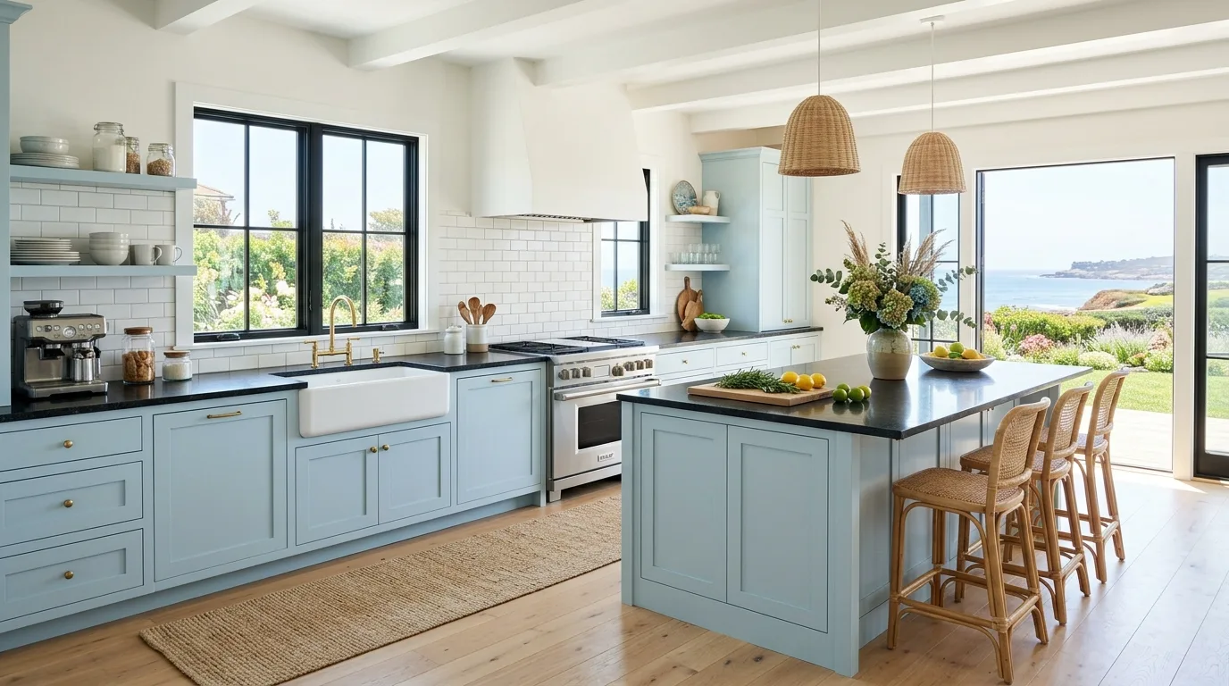 Kitchen with black granite countertops paired with pastel blue cabinets.