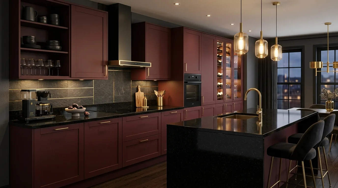 Kitchen with black granite countertops and burgundy cabinets.