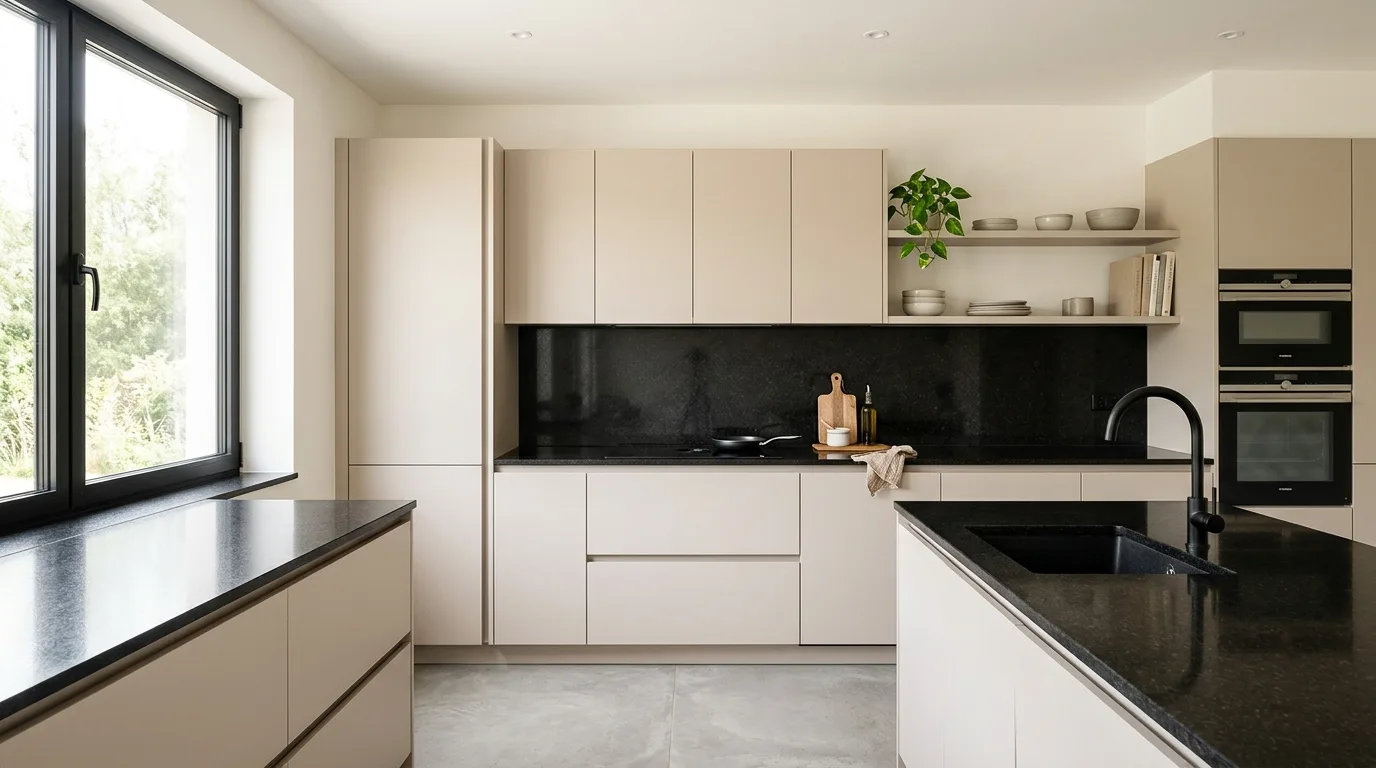 Minimalist kitchen with black granite countertops and soft beige cabinets.