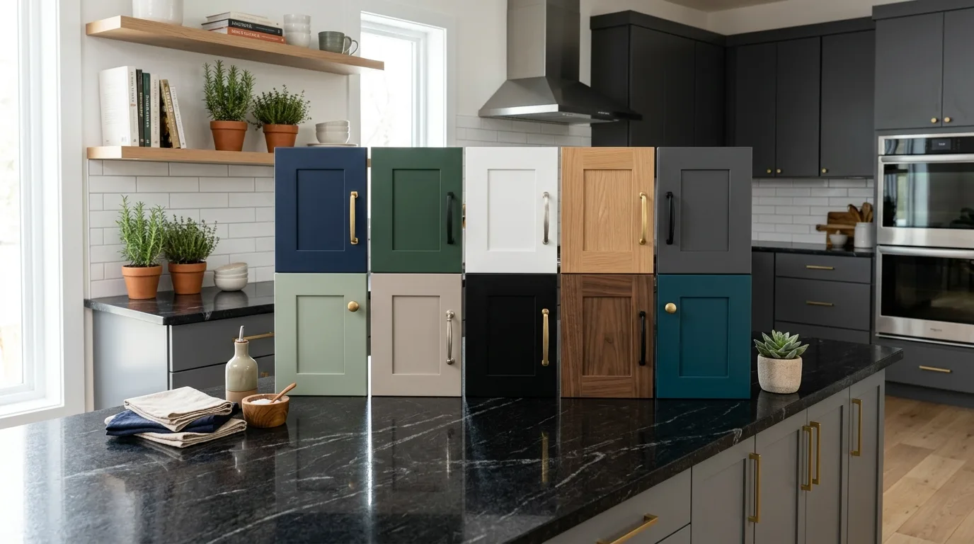 Kitchen scene showing multiple cabinet color swatches paired with black granite countertops.