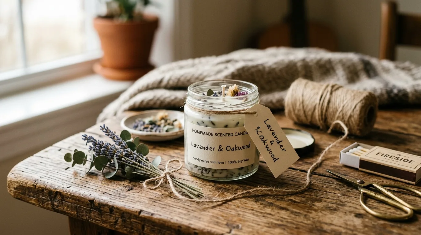 Quick handmade gift setup with homemade scented candle jars on a rustic table.