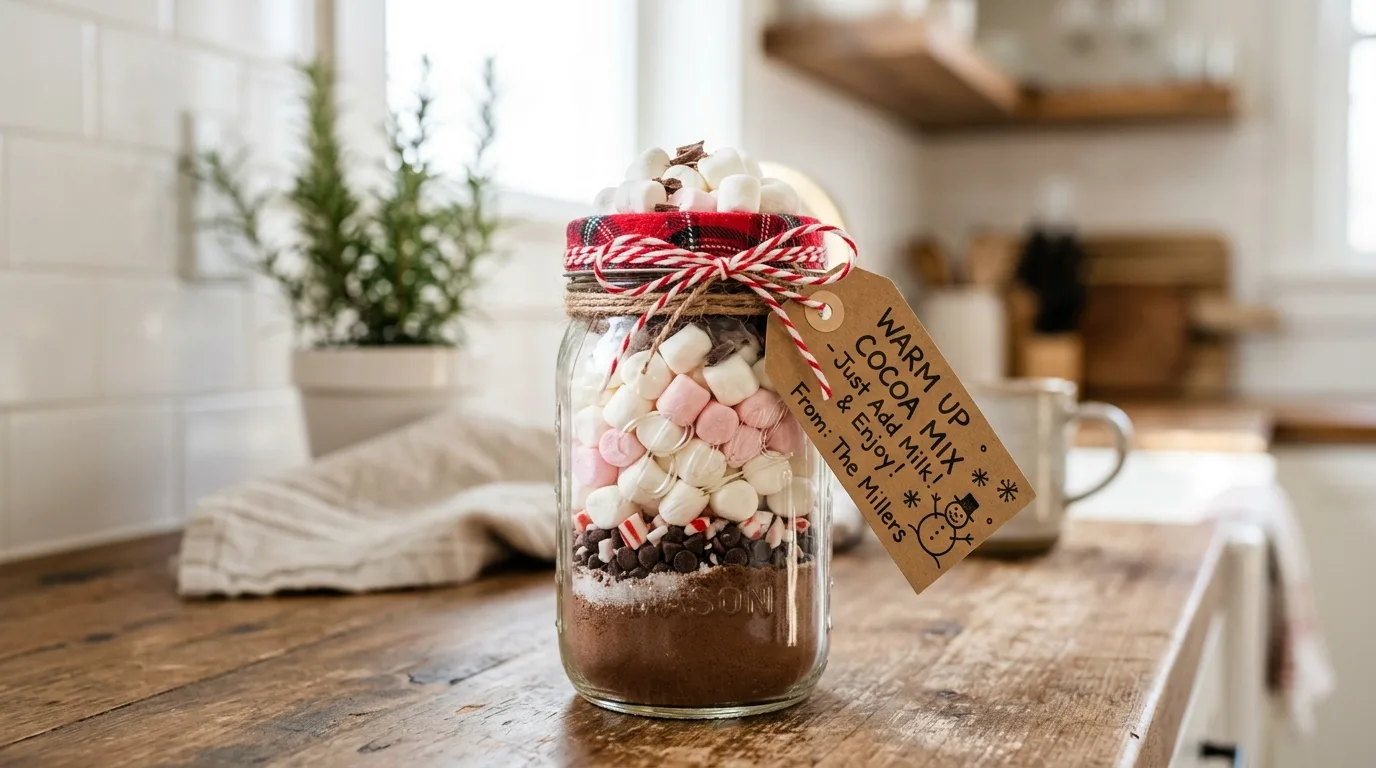 DIY mason jar gift filled with layered hot cocoa mix and marshmallows.