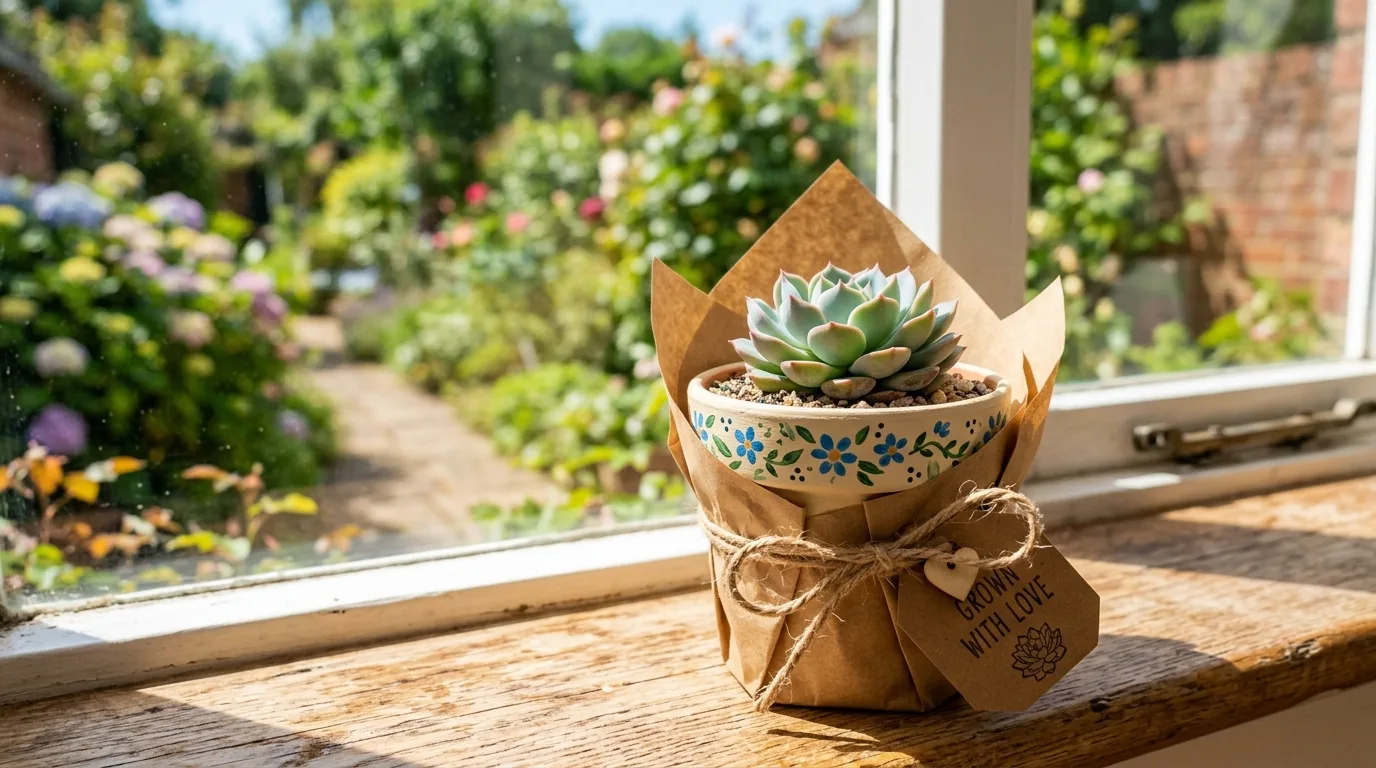 Handmade mini succulent gift in a decorated pot wrapped in kraft paper.