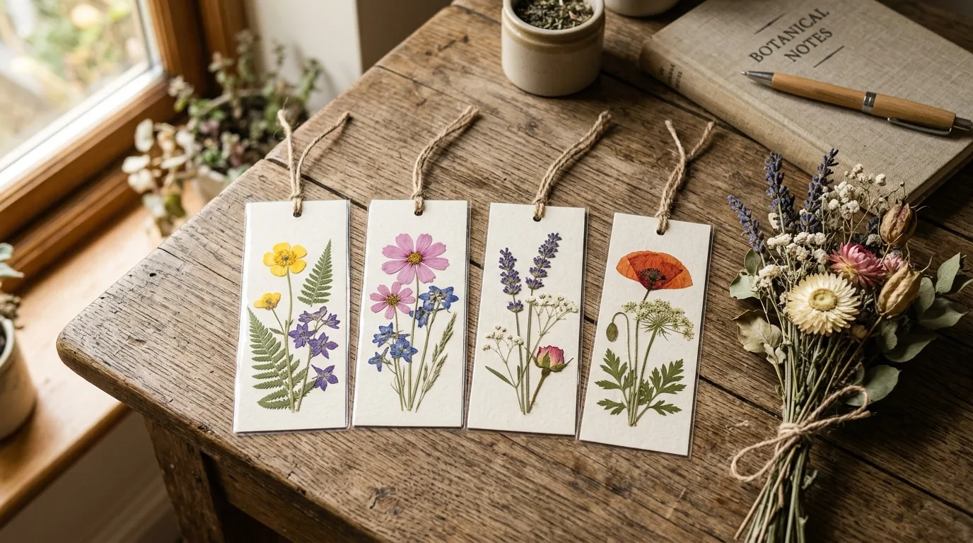 Pressed flower bookmark set arranged with dried blooms on a wooden surface.