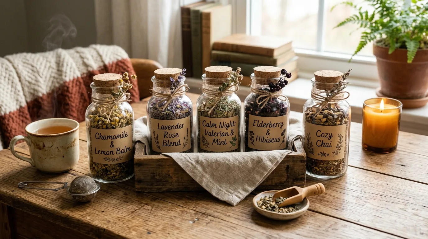 DIY herbal tea gift bundle in glass jars with handwritten labels.