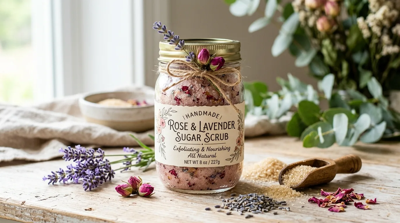 Handmade sugar scrub gift in a glass jar with floral accents.