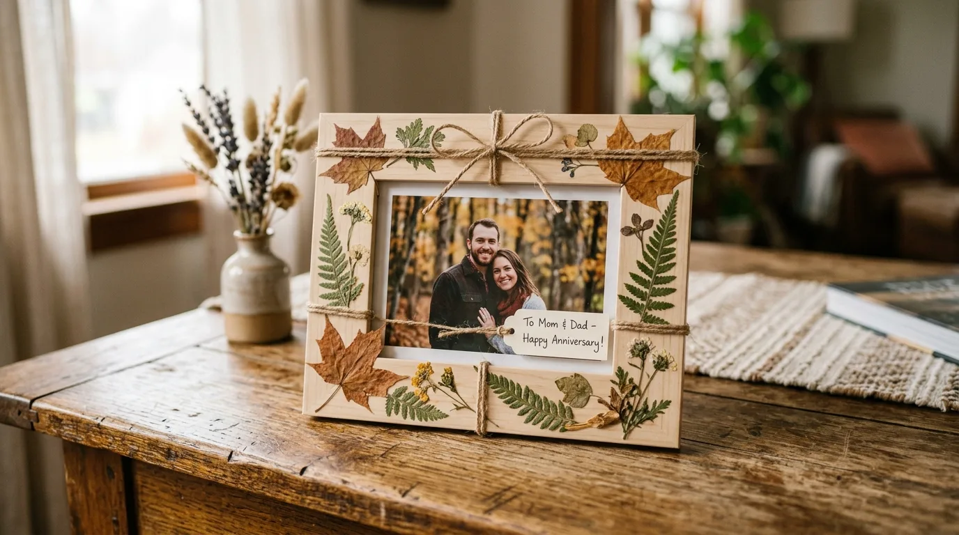 Quick photo frame gift decorated with pressed leaves and twine.