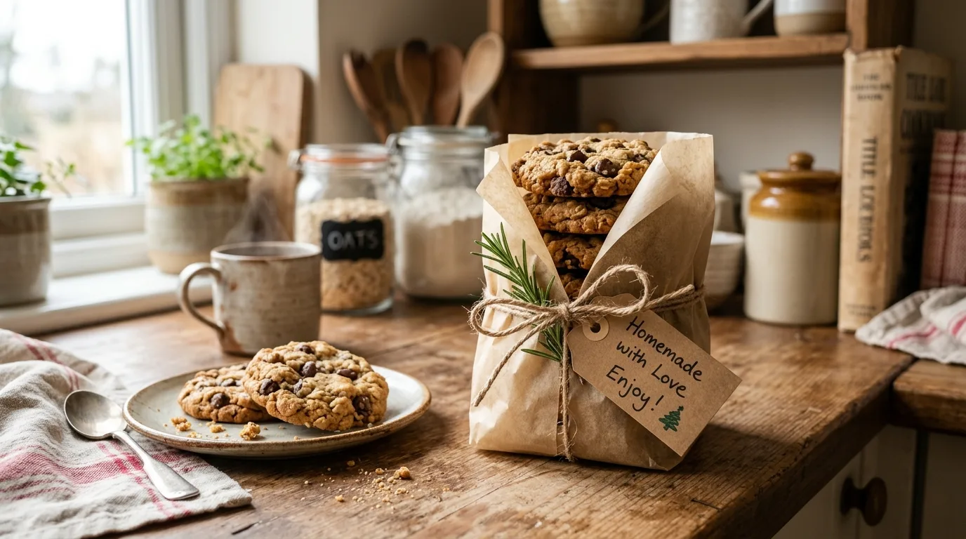 DIY baked cookie gift wrapped in parchment paper and ribbon.
