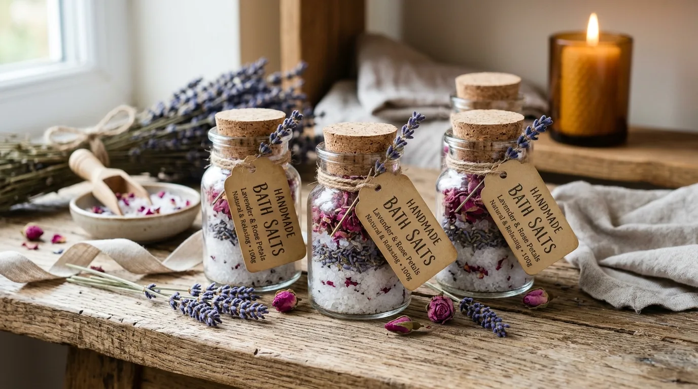 Handmade bath salt gift in jars with lavender and rose petals.