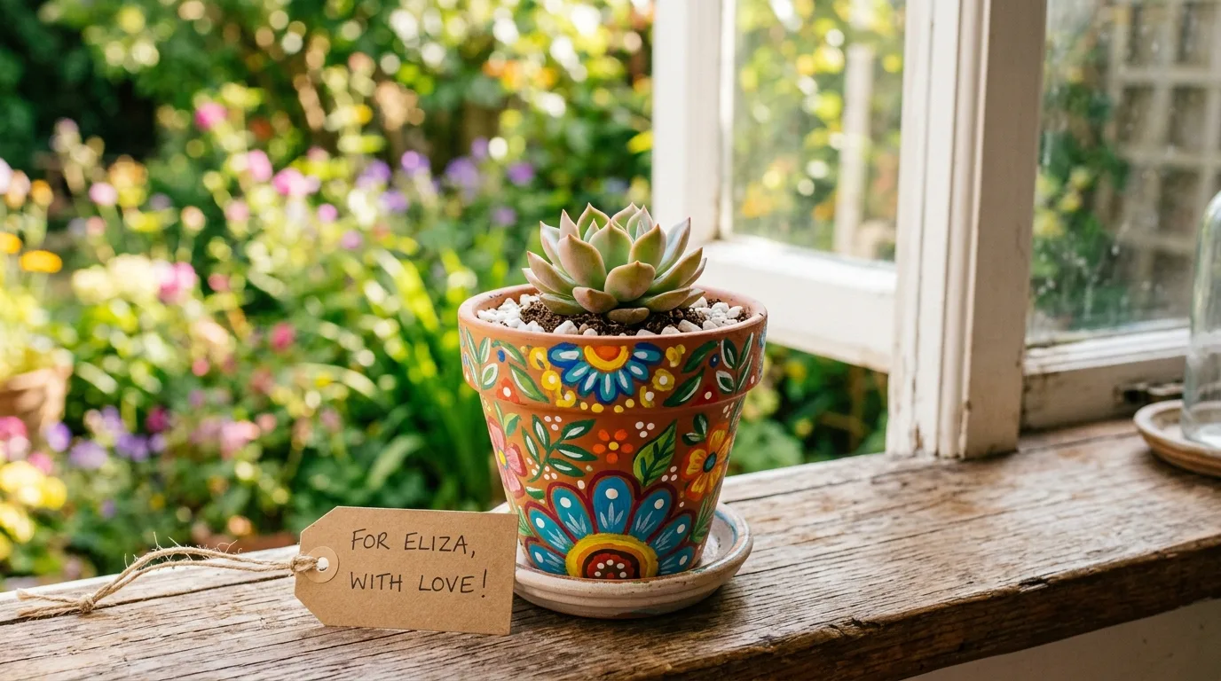 Quick painted flower pot gift with colorful designs and a small plant inside.