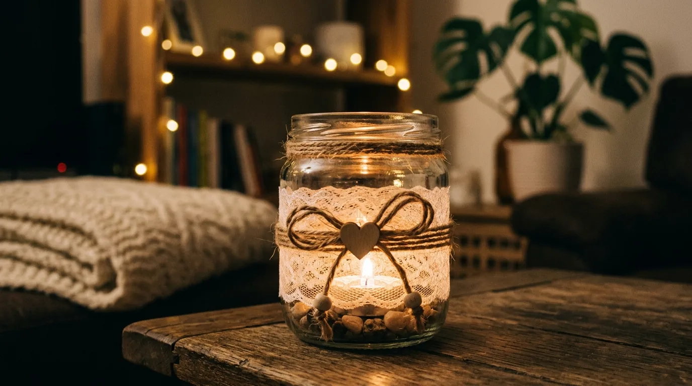 DIY candle holder made from decorated glass jar with lace and twine.