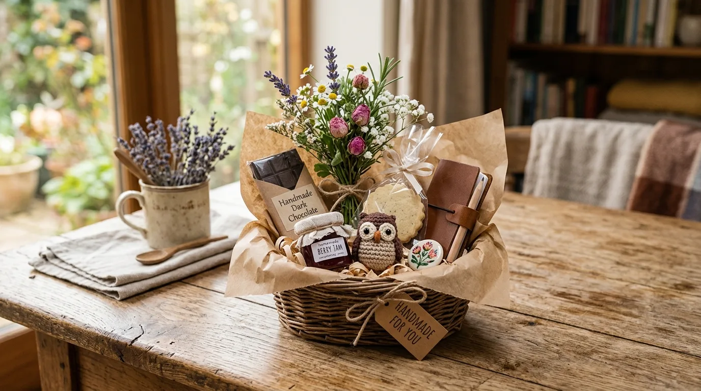 Handmade mini gift basket with small crafts, flowers, and treats arranged neatly.