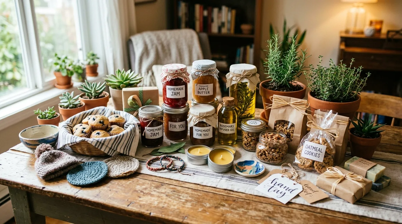Collection of quick handmade gifts including jars, crafts, baked goods, and small plants.