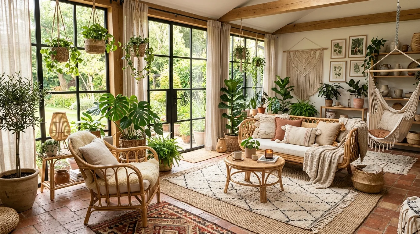 Boho sunroom with rattan furniture, layered rugs, and lush indoor plants.