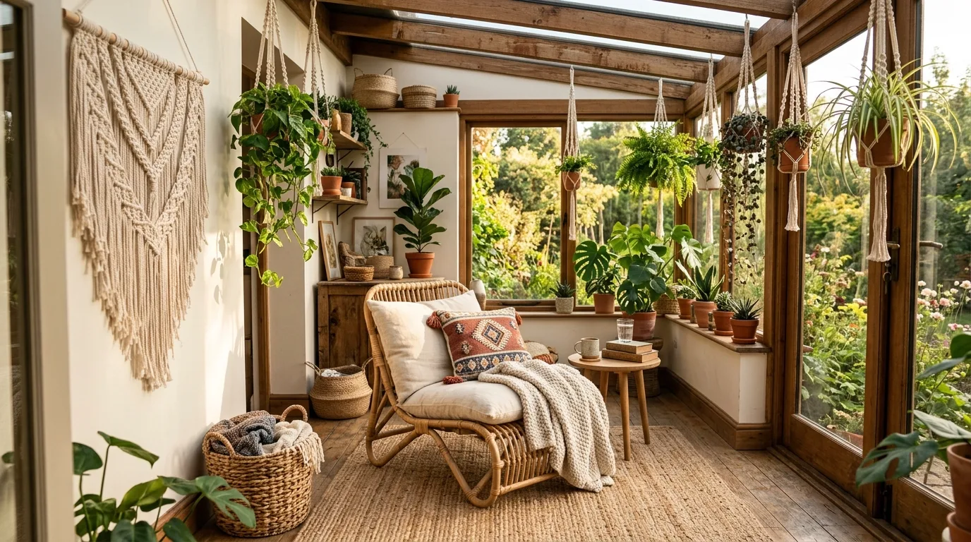 Boho sunroom with hanging plants, macrame wall decor, and a wicker lounge chair.