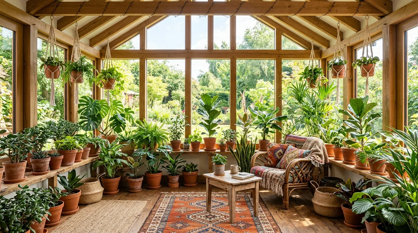 Plant-filled sunroom with floor-to-ceiling windows, terracotta pots, and natural wood accents.