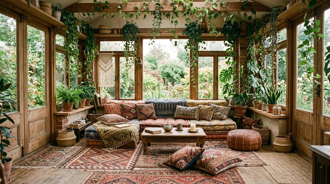 Bohemian sunroom with low seating, floor cushions, patterned rugs, and trailing vines.