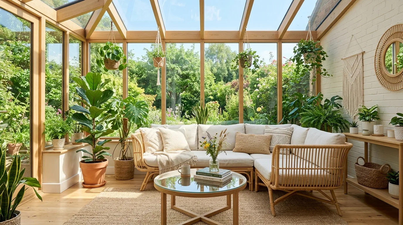 Modern boho sunroom with rattan sofa, glass table, and abundant greenery.