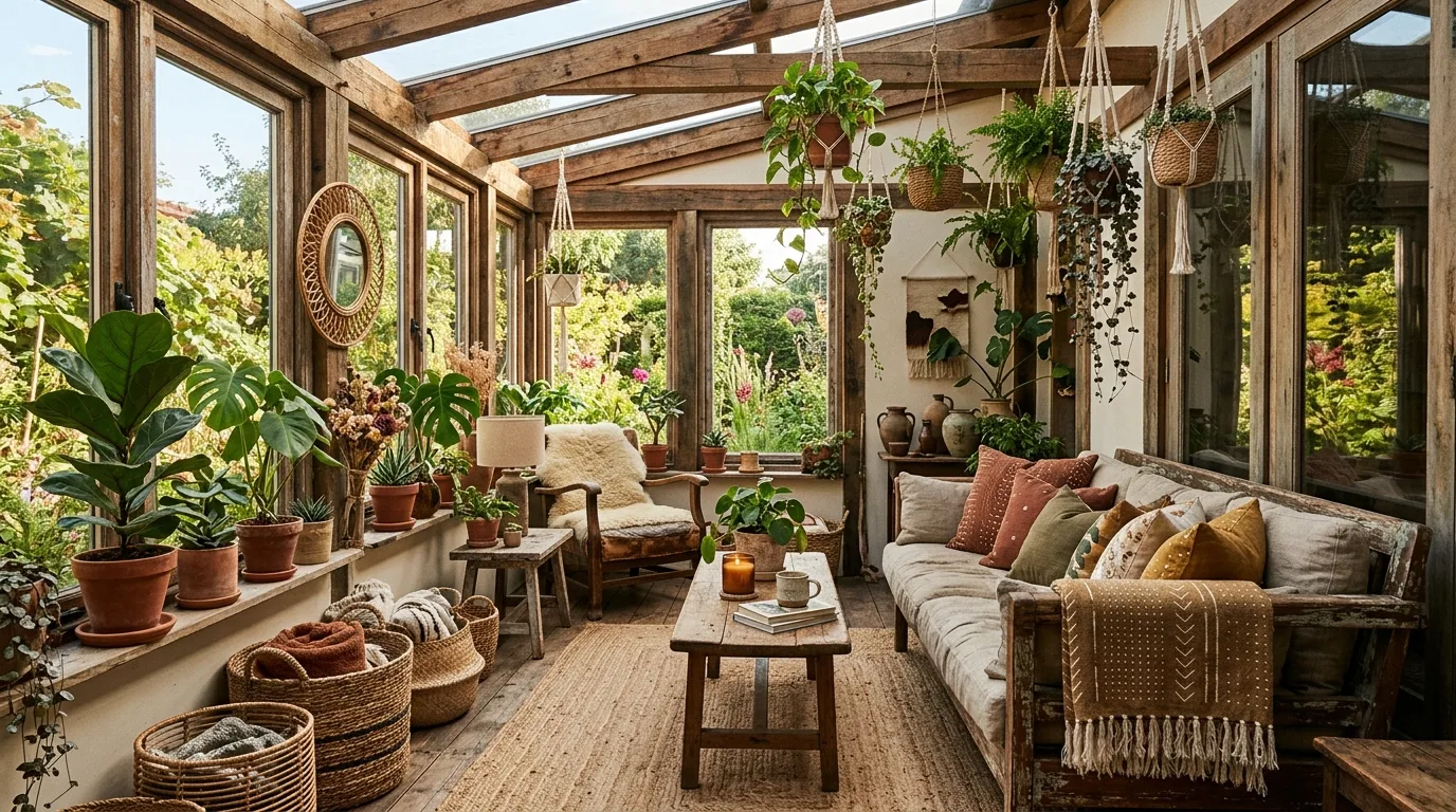 Rustic boho sunroom with reclaimed wood furniture, woven baskets, and hanging plants.