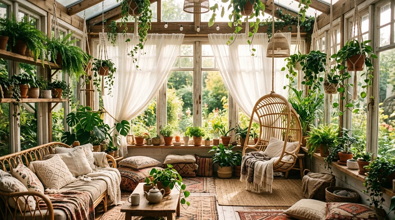 Dreamy boho sunroom with sheer curtains and cascading plants around the windows.