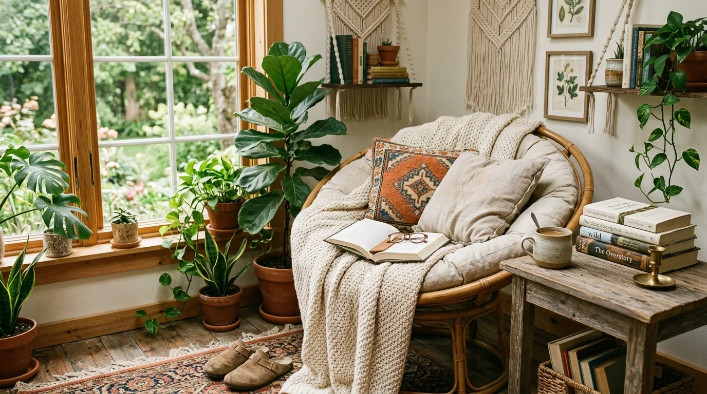 Boho sunroom reading nook with lounge chair, books, plants, and soft throws.