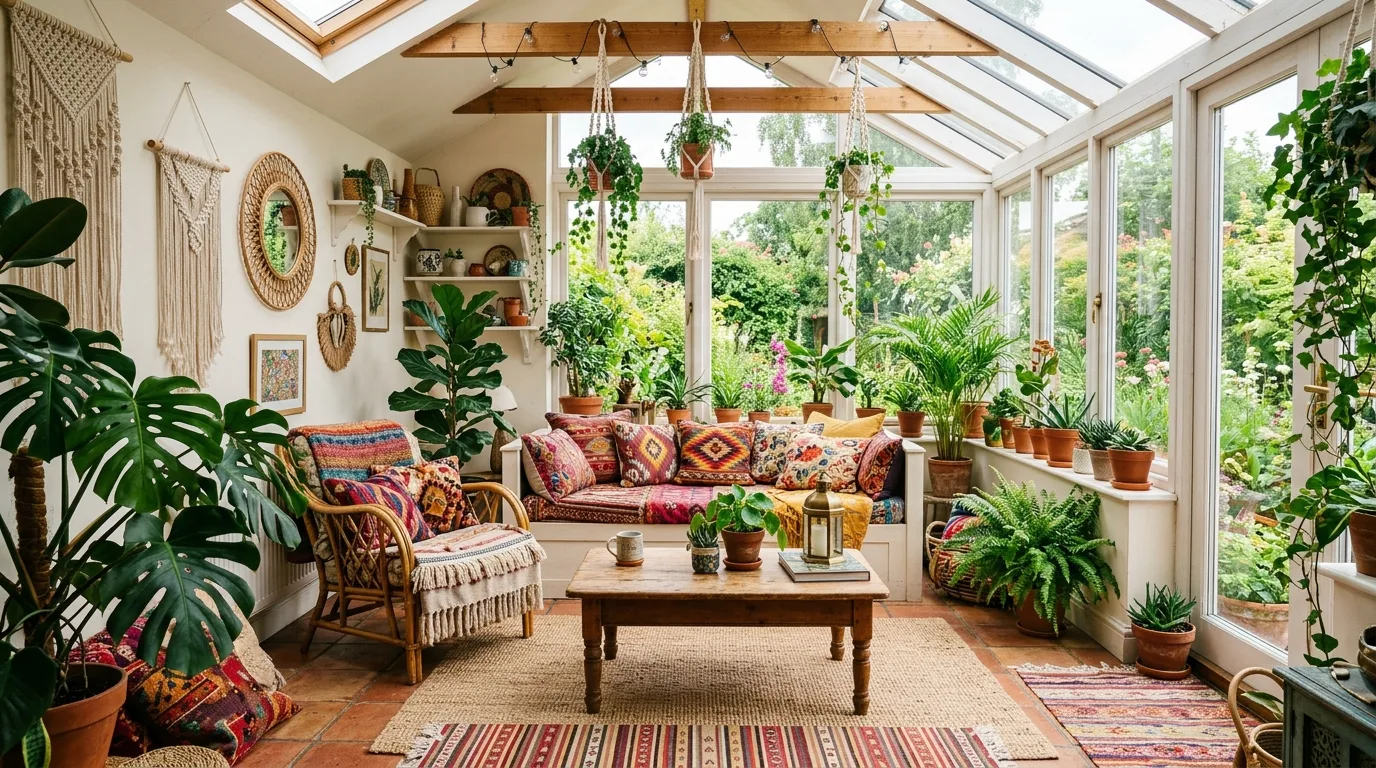 Vibrant boho sunroom with colorful cushions, patterned textiles, and dense greenery.