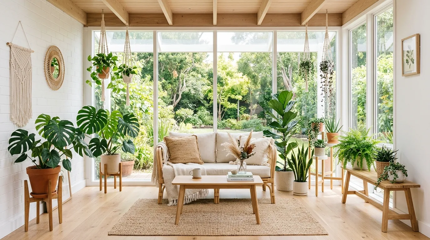 Minimalist boho sunroom with light wood furniture and carefully arranged plants.