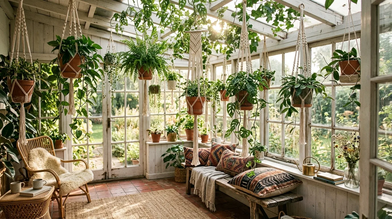 Boho sunroom focused on hanging plants, macrame hangers, and filtered sunlight.